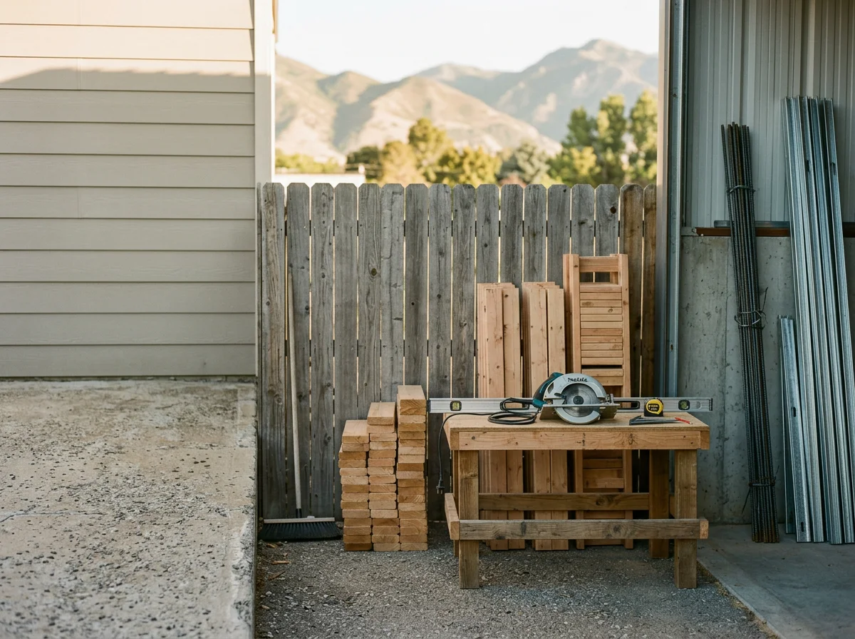 Construction site with framing, tools, and materials ready for the next phase of work.