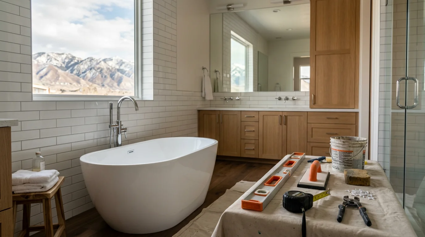 Newly remodeled bathroom with custom vanity and tile work