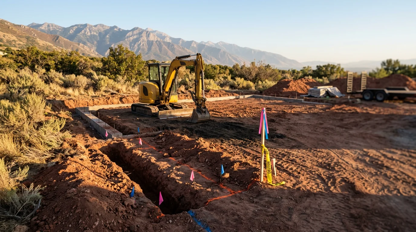 Excavator digging foundation trenches for new home construction