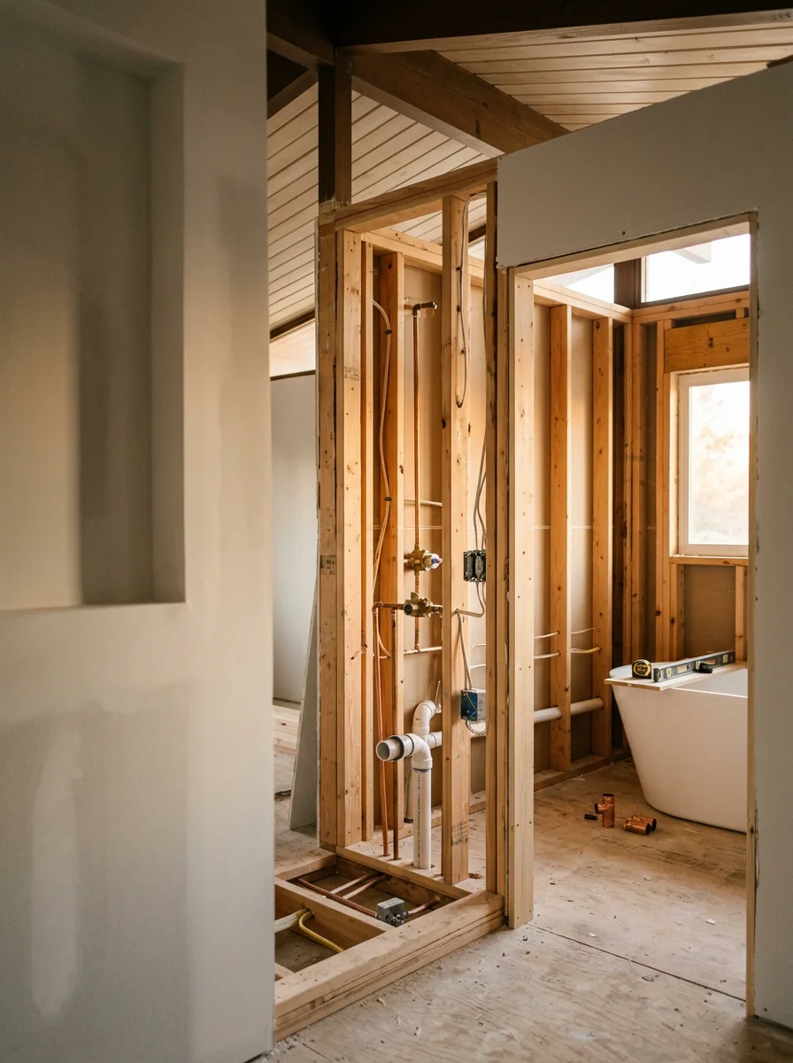 Framed interior of a mid-century home remodel in Cottonwood Heights showing new structural openings and updated bathroom rough-in.
