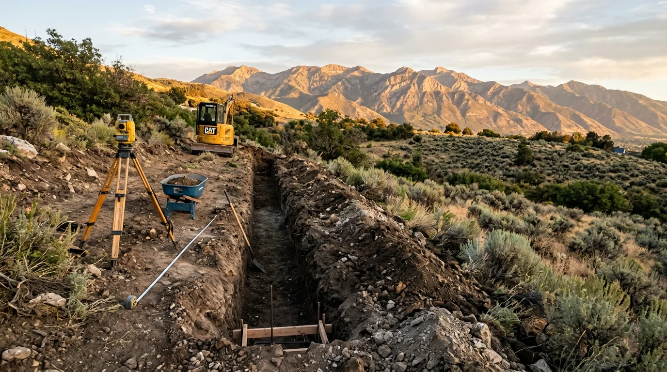 Excavation crew digging a footing trench on a sloped residential lot in Cottonwood Heights, Utah, with the Wasatch Range visible in the background.