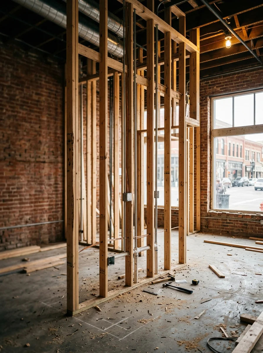 Commercial tenant improvement framing on Washington Boulevard in Ogden, with new partition walls and utility rough-in inside an older downtown commercial building.