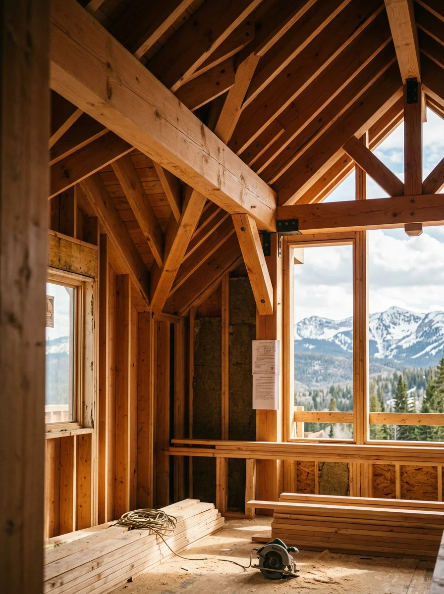 Framed interior of a new construction home in Park City showing heavy timber ridge beam and engineered roof framing for mountain snow loads.
