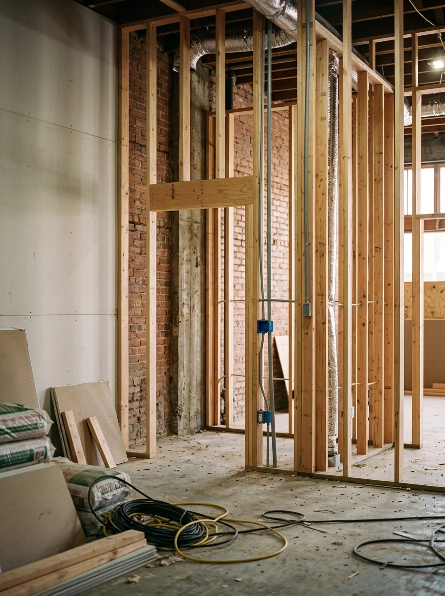Commercial tenant improvement framing on University Avenue in Provo, with new partition walls and utility rough-in inside an older retail building shell.