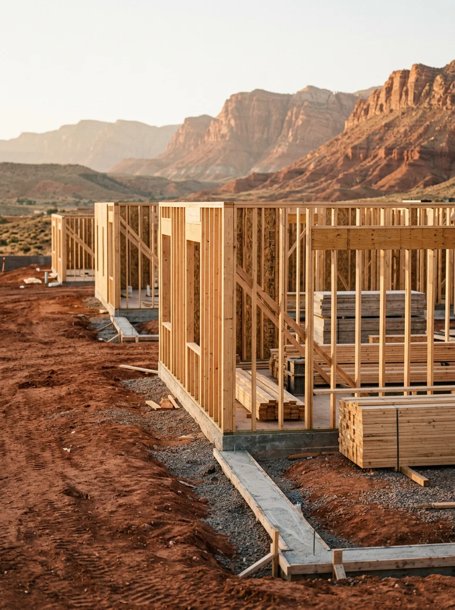 New construction framing in progress on a Saint George subdivision lot, showing concrete footing and wood frame walls rising from red sandy desert soil.