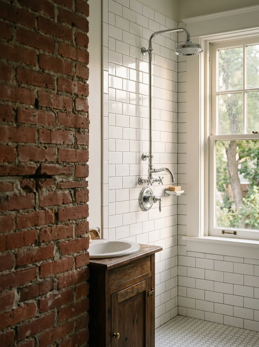 Bathroom remodel in a historic early-1900s brick bungalow in Salt Lake City's Avenues neighborhood, showing new tile work and updated plumbing.