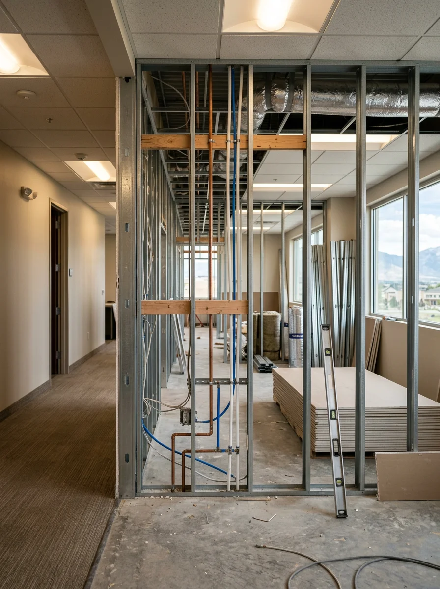 Commercial tenant improvement build-out in a Draper office corridor space, with new partition framing and exposed MEP rough-in visible before drywall.