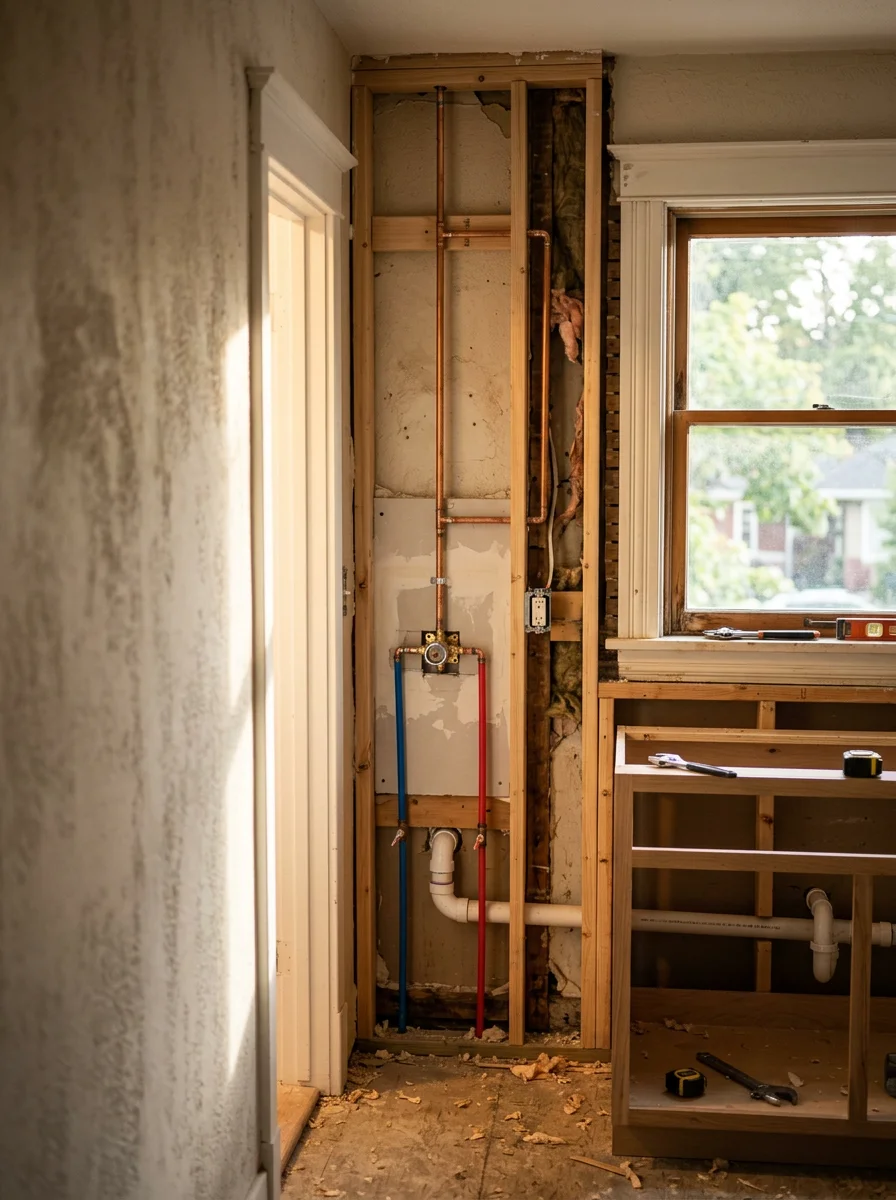 Full home remodel in progress in a mid-century Provo neighborhood, showing new framing and updated bathroom rough-in inside an older single-story home.