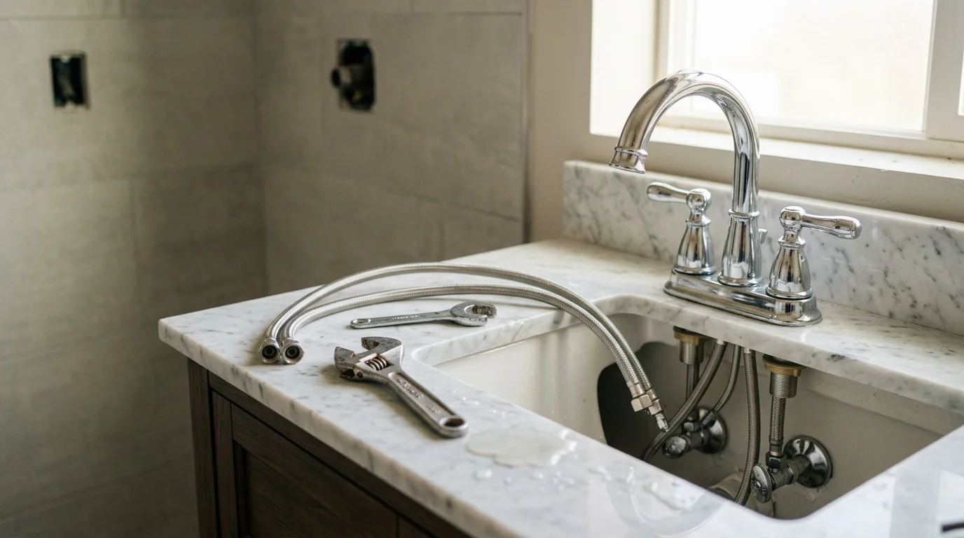 A newly installed bathroom faucet and showerhead in a Cottonwood Heights, Utah home, showing clean connections, polished hardware, and a finished tile surround.