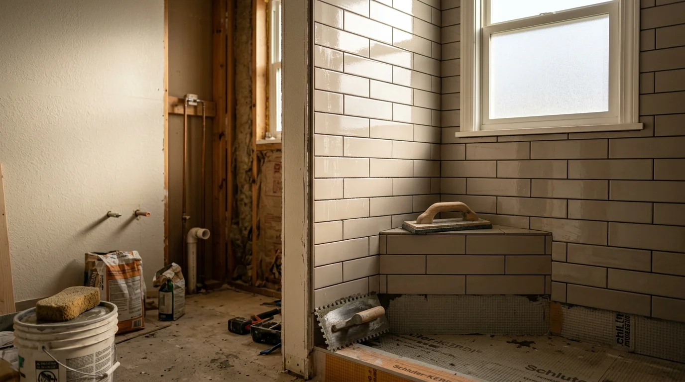 Freshly tiled walk-in shower with floor-to-ceiling wall tile and a clean grout finish inside a remodeled bathroom in Cottonwood Heights, Utah. The tile layout shows precise cuts around the niche and a waterproof base at the shower floor.