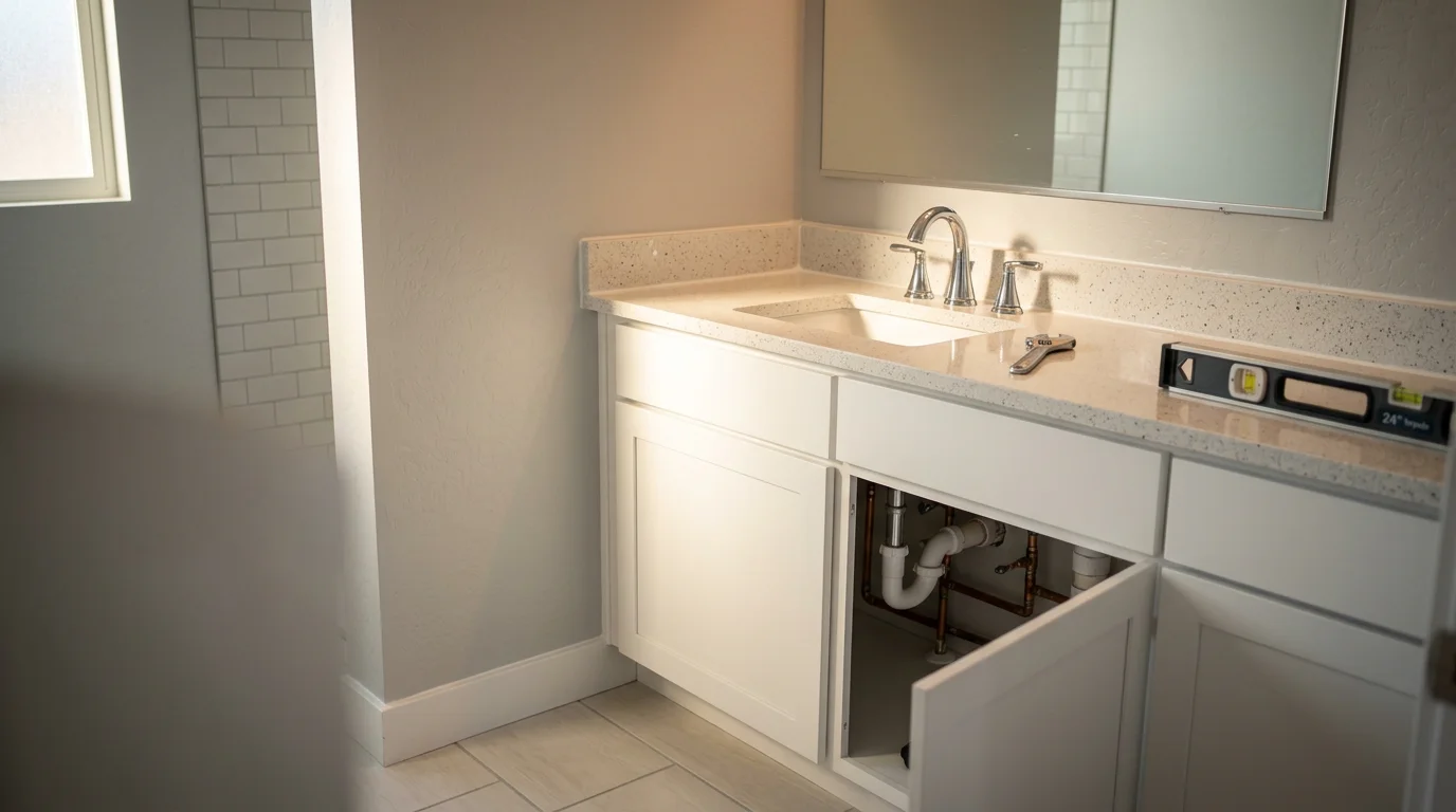 A newly installed bathroom vanity with a clean countertop and updated sink fixtures in a Cottonwood Heights, Utah home. The cabinet sits flush against a freshly painted wall with visible plumbing connections neatly concealed beneath the unit.