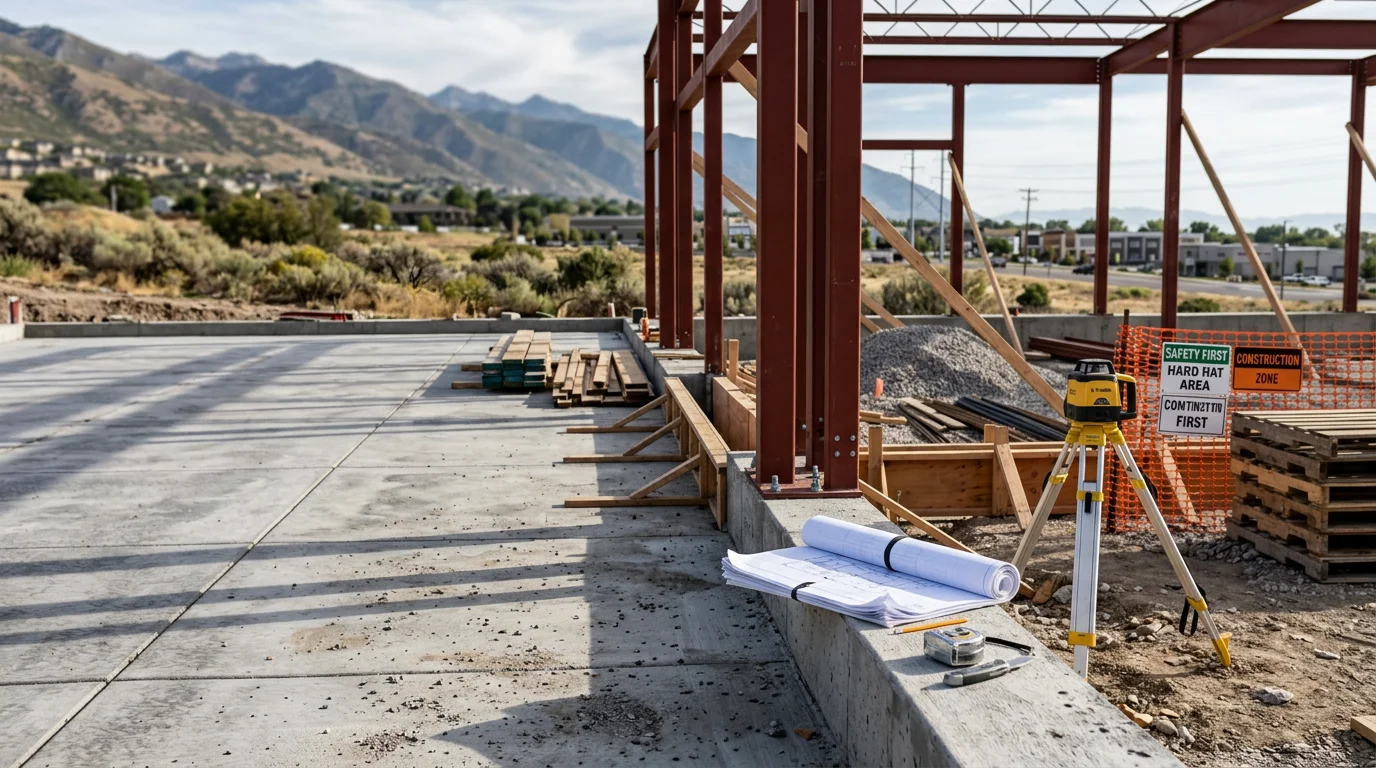 A newly completed commercial building in Cottonwood Heights, Utah, showing a finished exterior structure built from the ground up by a general contractor. The building sits against the backdrop of the Wasatch foothills common to the Salt Lake County area.
