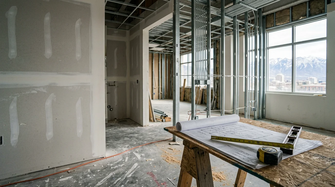 Finished commercial tenant improvement buildout in a Cottonwood Heights office suite, showing reconfigured open workspace with updated lighting, new flooring, and clean wall finishes ready for occupancy.