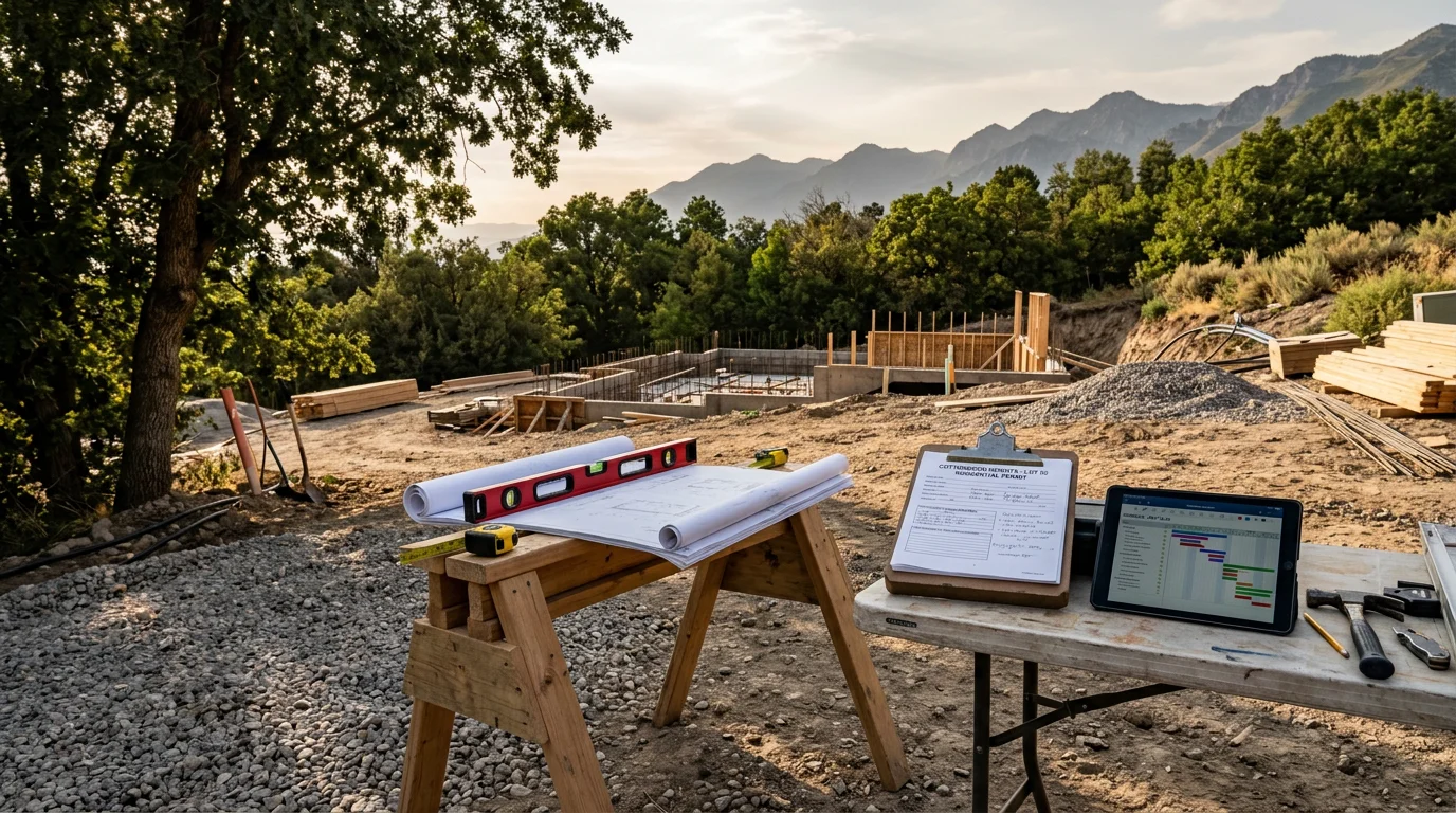 A construction project manager reviewing plans on a job site in Cottonwood Heights, Utah, with a residential build in progress behind him. The site shows framed structure, organized materials, and the Wasatch foothills visible in the background.