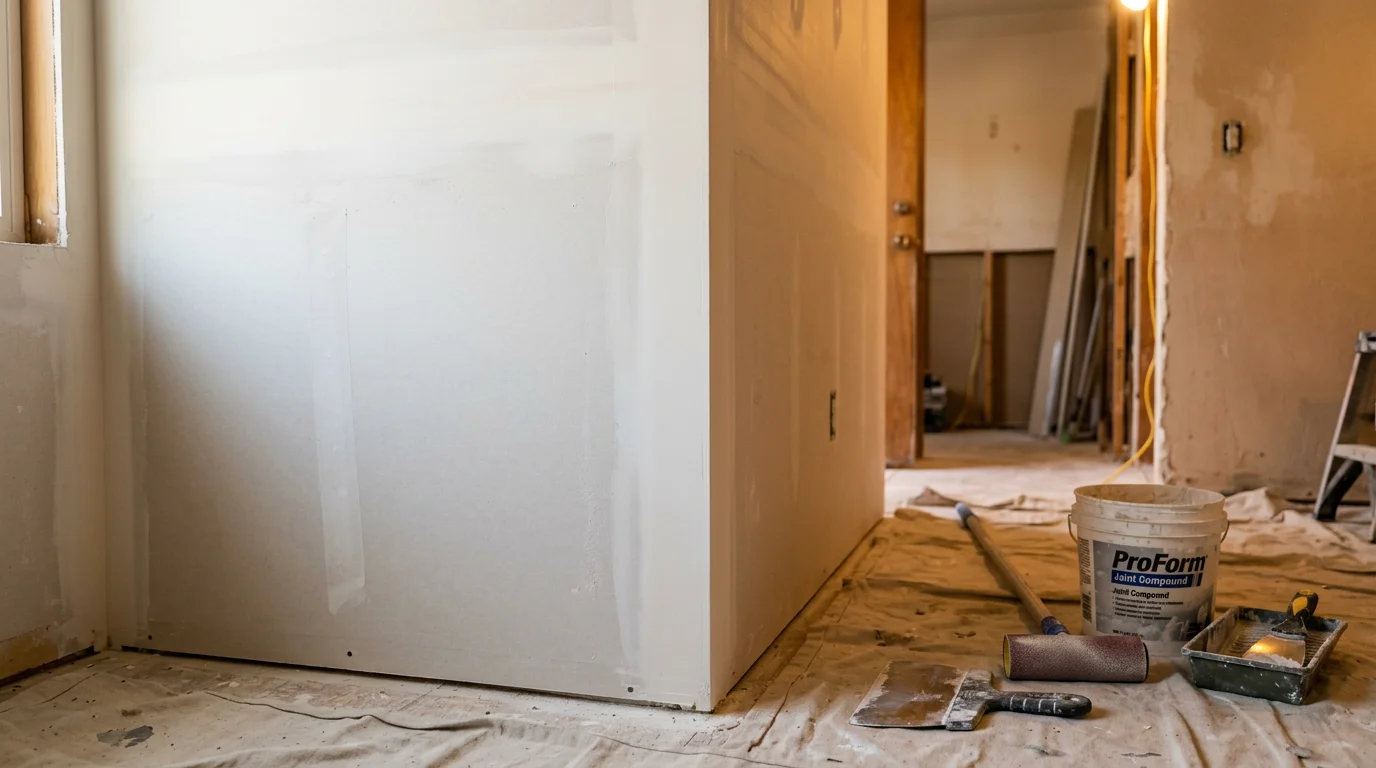A freshly finished interior wall in a Cottonwood Heights, Utah home showing smooth, seam-free drywall ready for paint. The surface is even and flat under natural light with no visible tape lines or ridges.