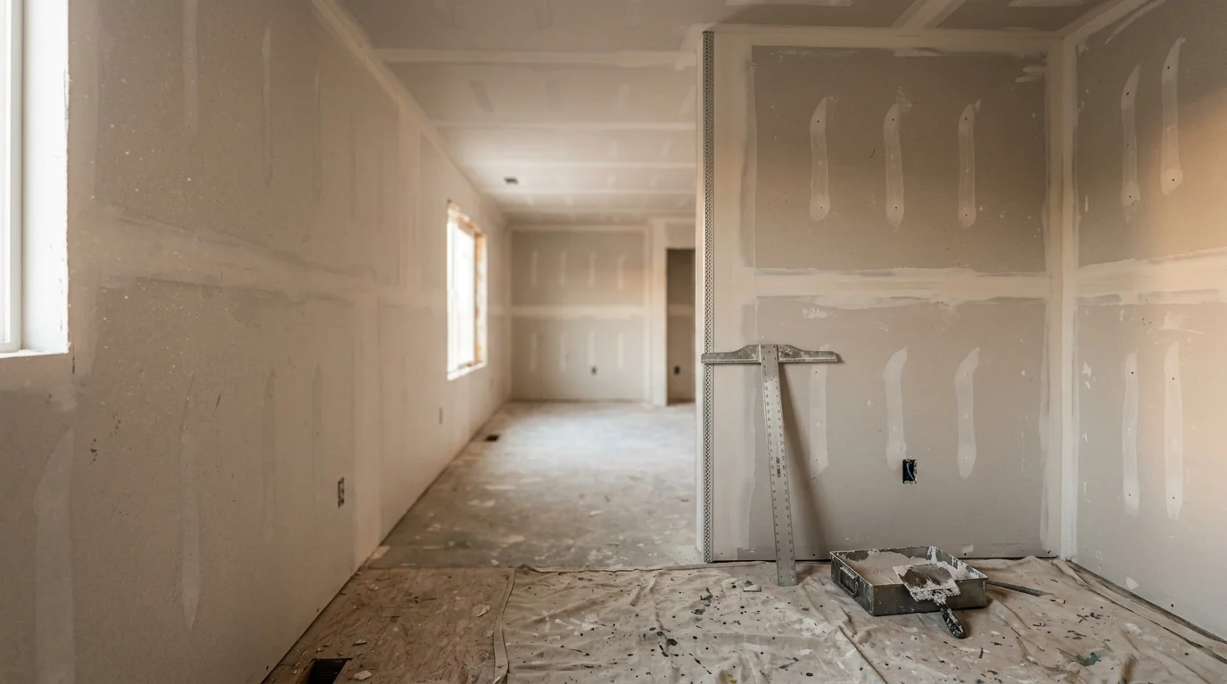 A Cottonwood Heights home interior showing freshly installed drywall panels on walls and ceiling, with clean seams and smooth surfaces ready for finishing. The room reflects a mid-stage renovation typical of residential construction projects in Salt Lake County.