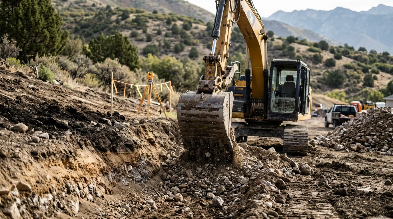 An excavator working on a sloped residential lot in Cottonwood Heights, Utah, with the East Bench terrain and Wasatch Range foothills visible in the background. The dig site shows rocky alluvial soil being carefully cleared for a property project.