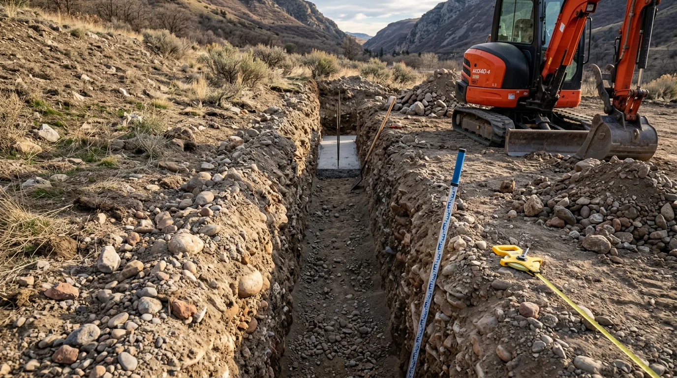 An excavated foundation footing trench in Cottonwood Heights, Utah, showing a level trench bottom cut through rocky alluvial soil with canyon terrain visible in the background. A compact excavator sits beside the open trench on a residential building site.
