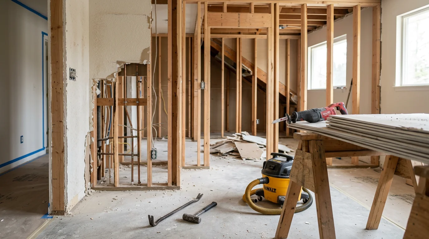 Interior demolition in progress inside a Cottonwood Heights, Utah home, with walls stripped to the studs and debris cleared from a kitchen renovation. An open framed room ready for new interior construction work.