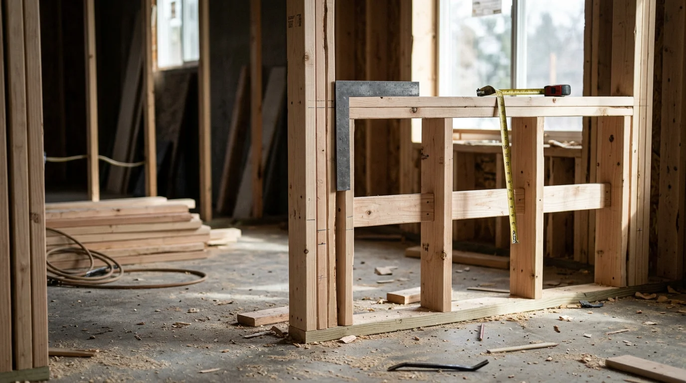 Interior framing in progress inside a Cottonwood Heights, Utah home, showing wood stud partition walls laid out for a basement room conversion. Exposed framing members are plumb and evenly spaced, ready for insulation and drywall installation.