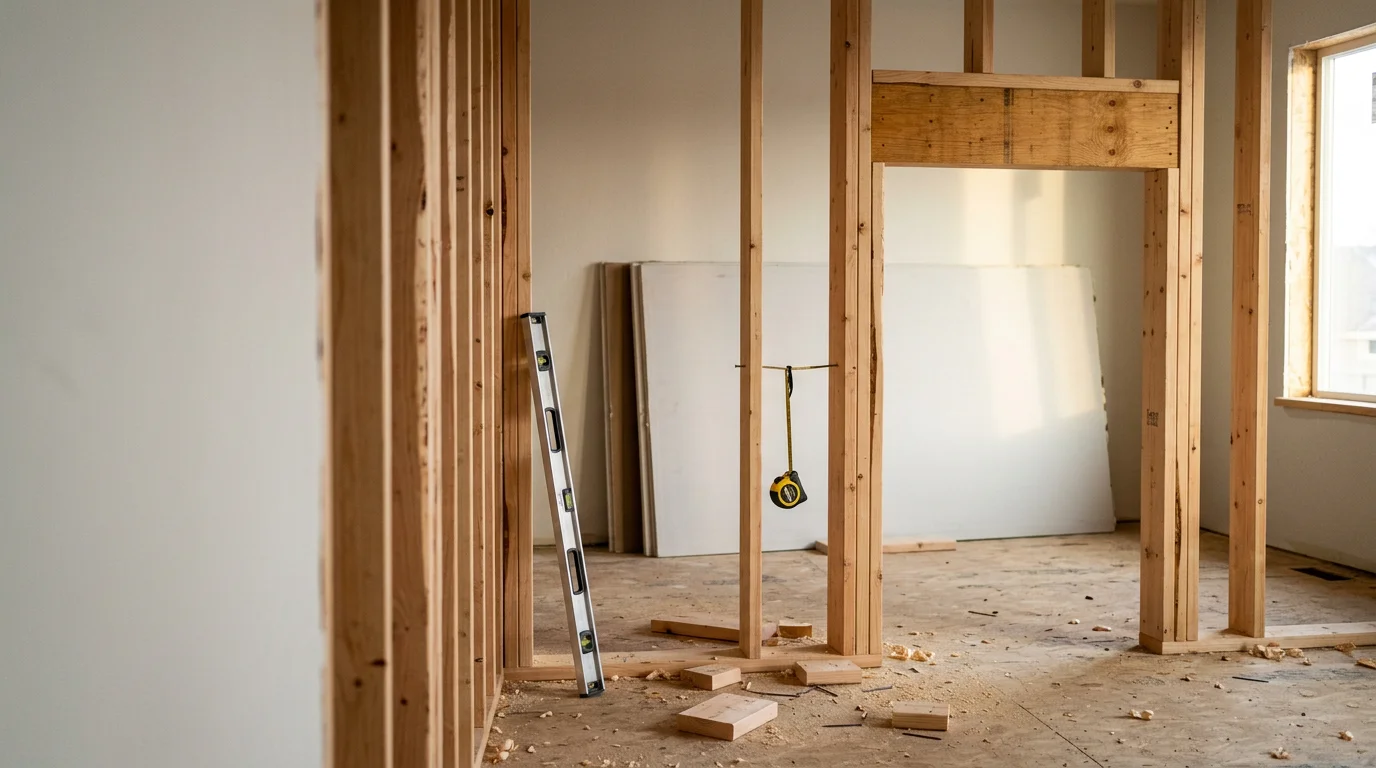 Newly framed interior partition wall with evenly spaced wood studs and a rough-in door opening inside a residential home in Cottonwood Heights, Utah. The wall structure is plumb and ready for drywall installation as part of a room addition project.