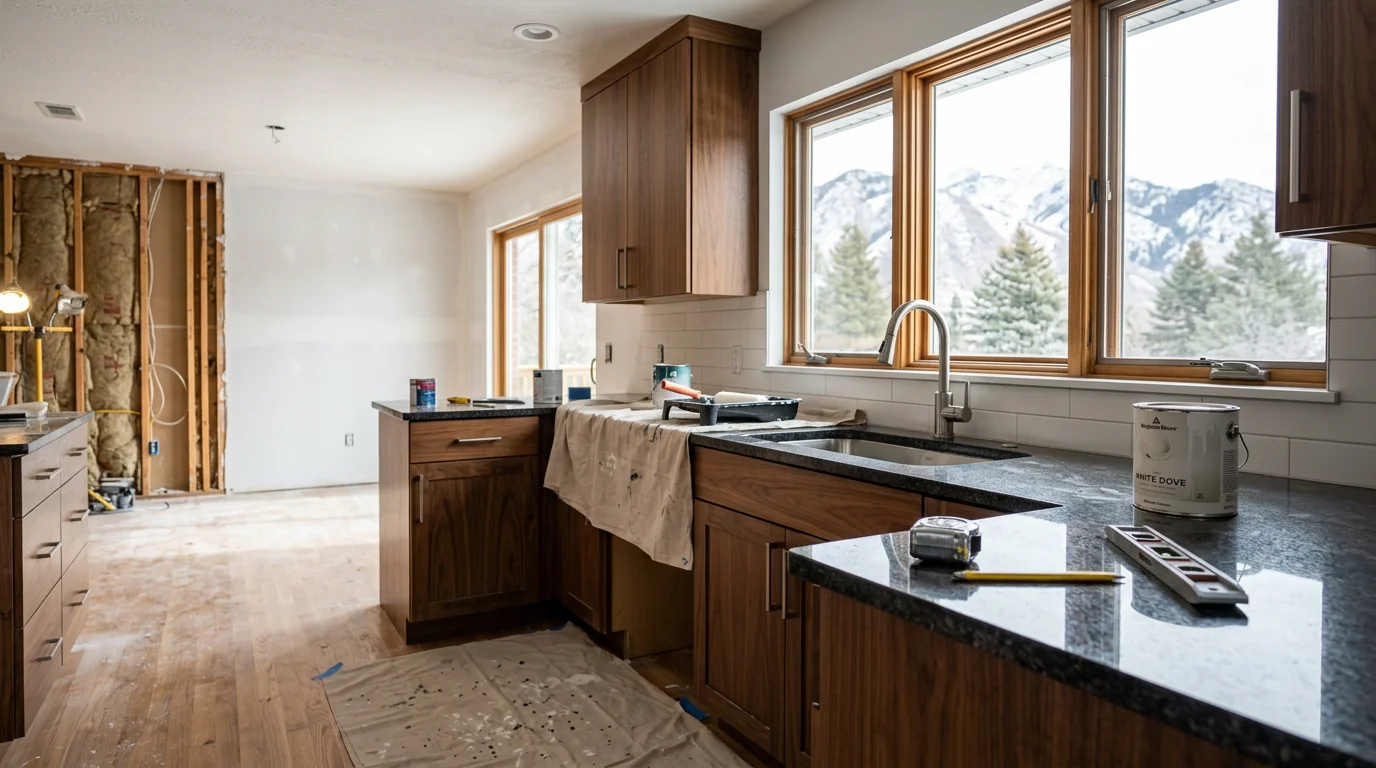 A remodeled kitchen interior in a Cottonwood Heights, Utah home, showing updated cabinetry, modern countertops, and natural light from a window facing the Wasatch foothills. The finished space reflects a clean, functional layout suited to everyday family use.
