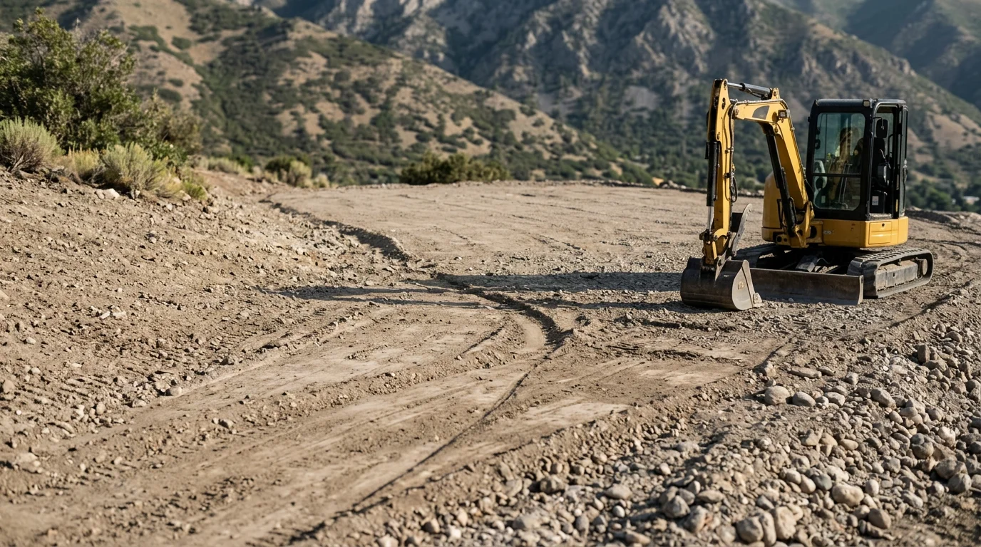 A graded residential building pad on a sloped lot in Cottonwood Heights, Utah, with rocky alluvial soil visible and the Wasatch foothills in the background. An excavating contractor has leveled the terrain in preparation for new construction.