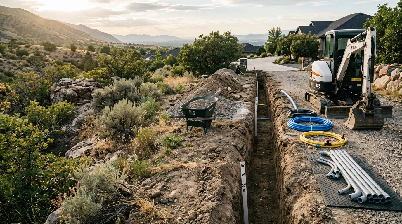 Excavated utility line trench on a residential hillside lot in Cottonwood Heights, Utah, showing a freshly laid service line with compacted soil backfill and the east bench terrain visible in the background.