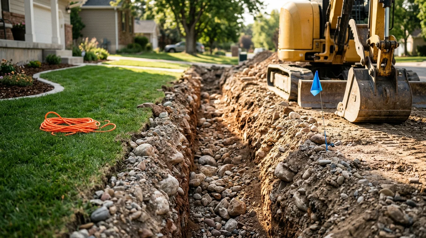 An excavator opening a precise utility line trench on a sloped residential lot in Cottonwood Heights, Utah, with rocky alluvial soil visible along the trench walls. The surrounding mature landscaping remains undisturbed alongside the work area.